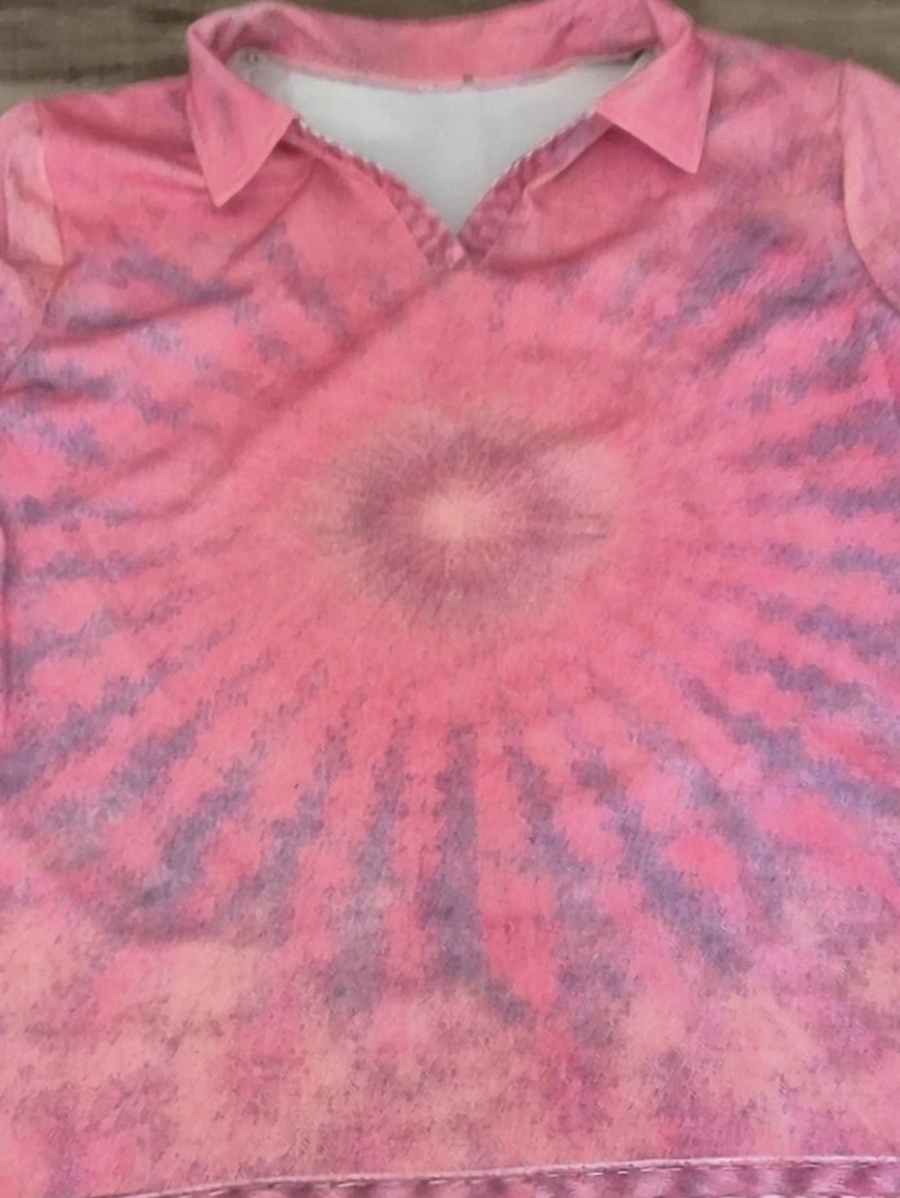 Pink Tie-Dye Collared Polysester V-Neck Long Sleeve Top - Picture 3 of 4